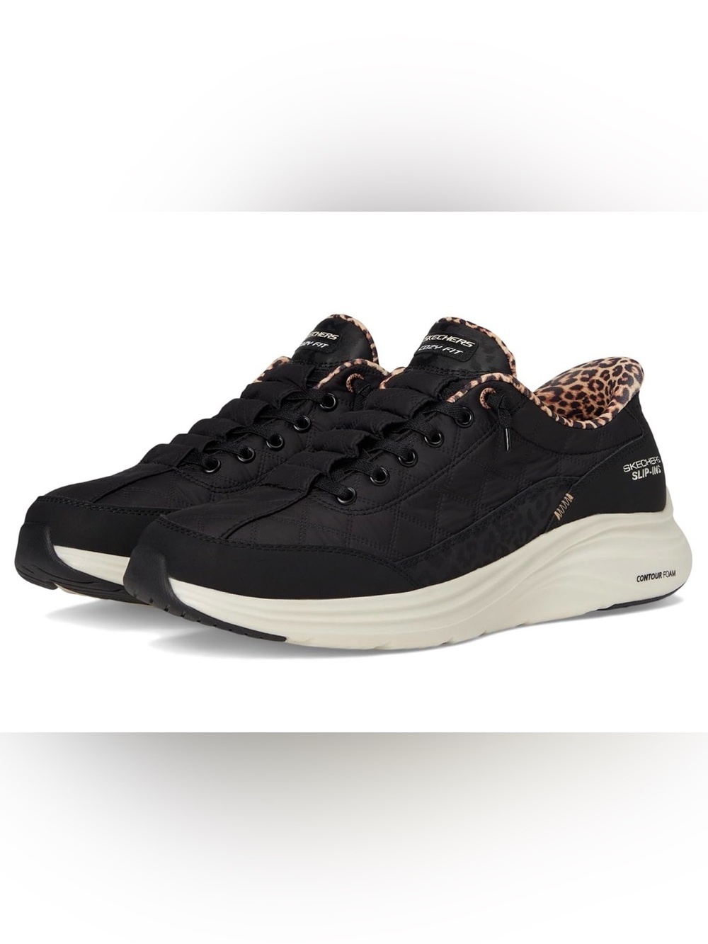 Skechers Black Quilted Slip-On Sneakers with Leopard Trim
